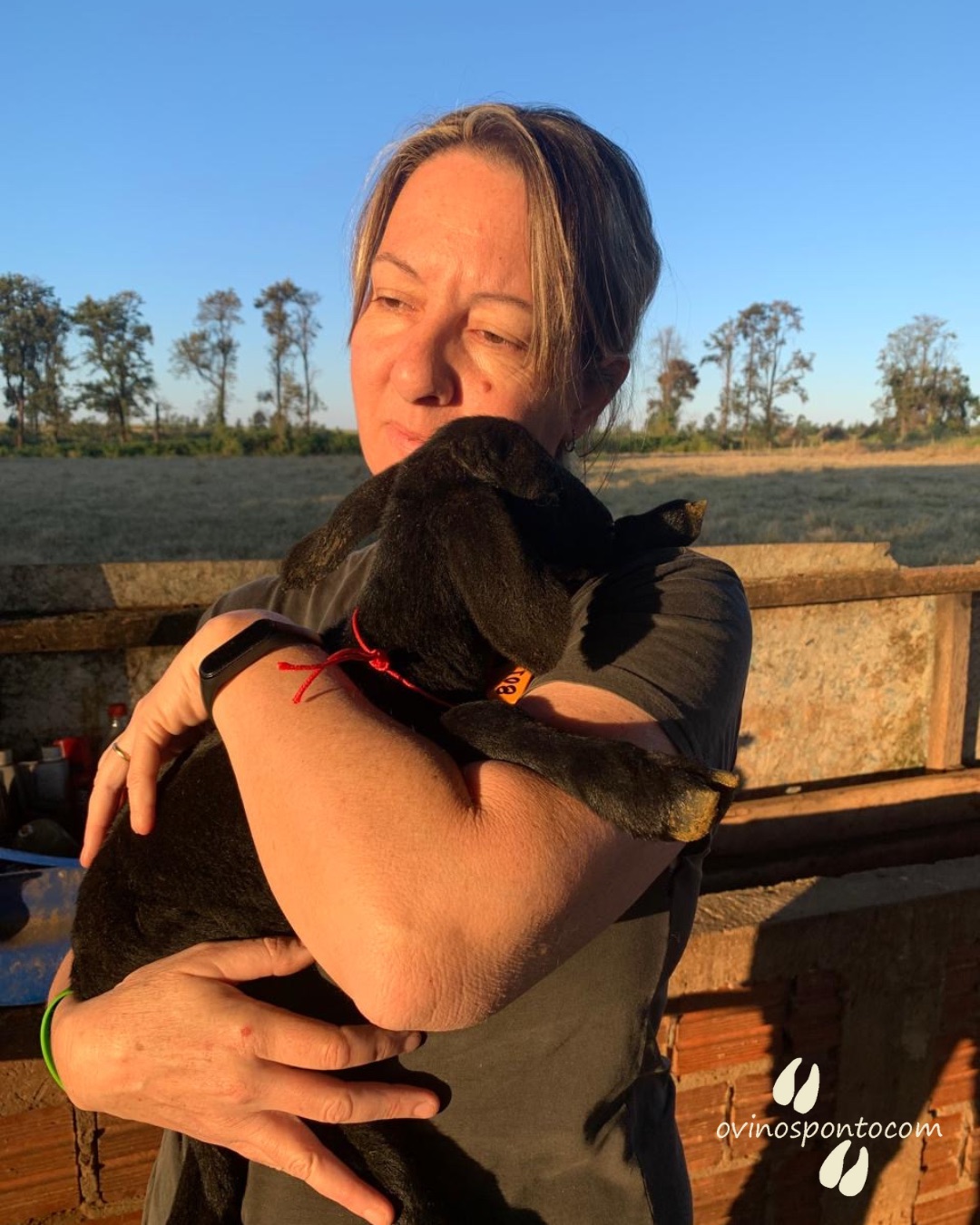 Carla, veterinária e criadora de ovinos, segurando um cordeiro