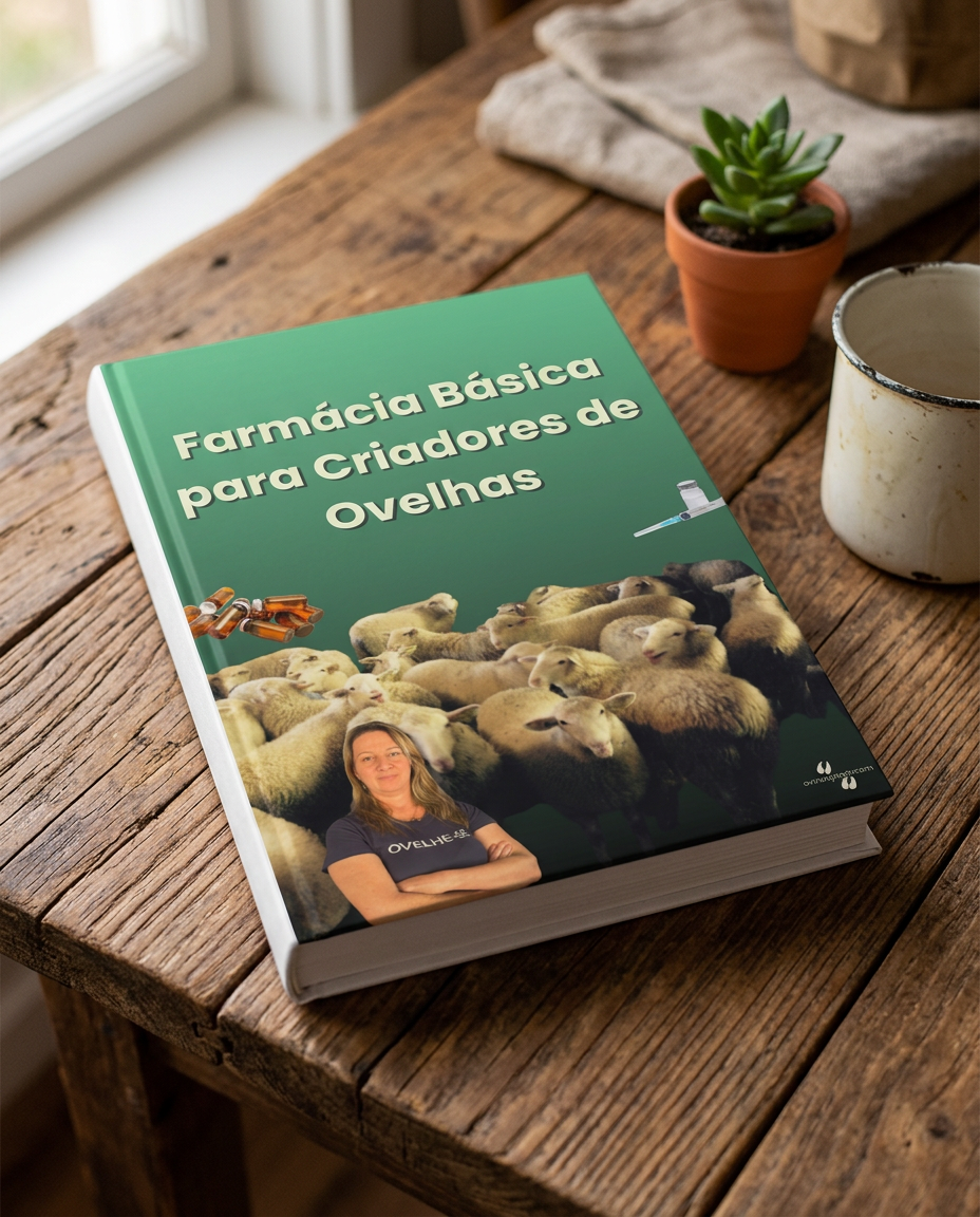 Capa do guia Farmácia Básica do Criador de Ovelhas sobre uma mesa de madeira